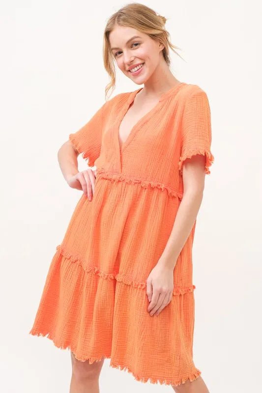 And the Why - Textured Tiered Mini Dress in Bright Tangerine