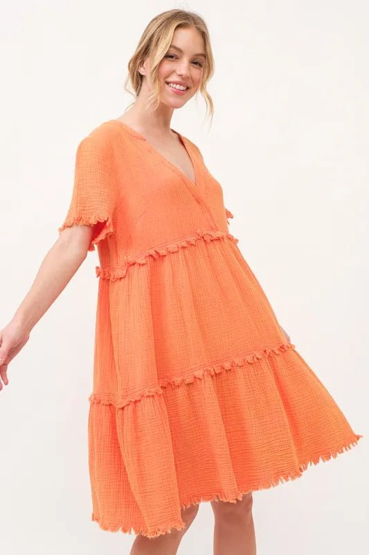 And the Why - Textured Tiered Mini Dress in Bright Tangerine