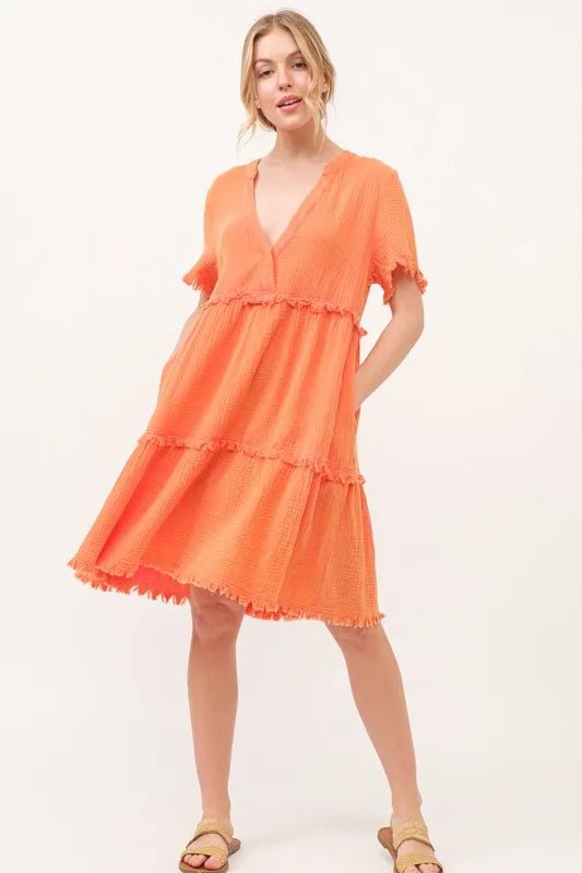 And the Why - Textured Tiered Mini Dress in Bright Tangerine