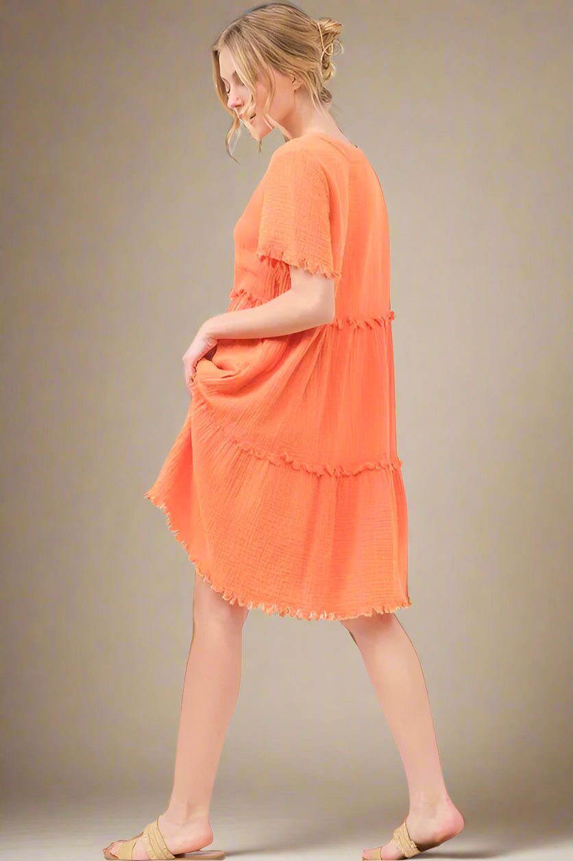 And the Why - Textured Tiered Mini Dress in Bright Tangerine