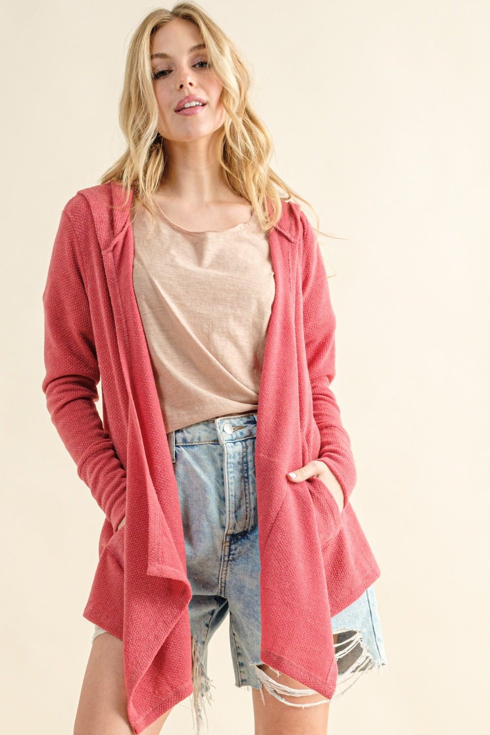 And the Why - Thermal Hooded Open Front Cardigan in Rose Pink