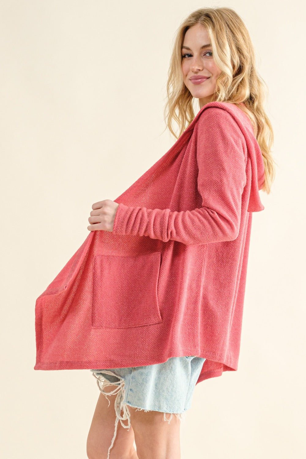 And the Why - Thermal Hooded Open Front Cardigan in Rose Pink