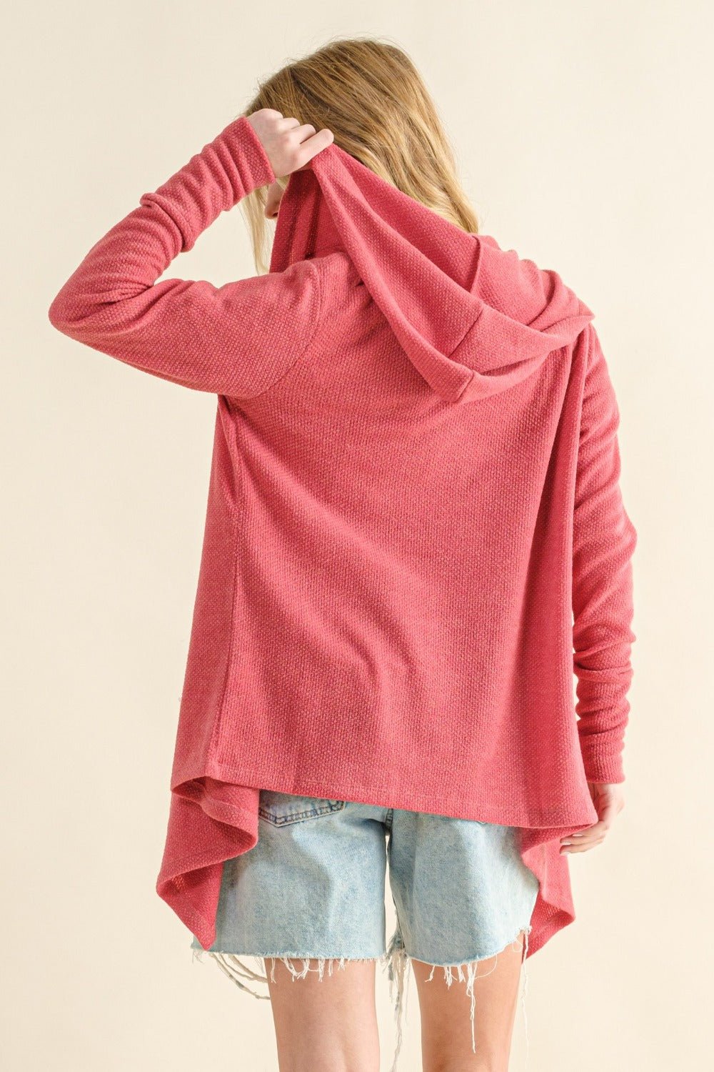 And the Why - Thermal Hooded Open Front Cardigan in Rose Pink