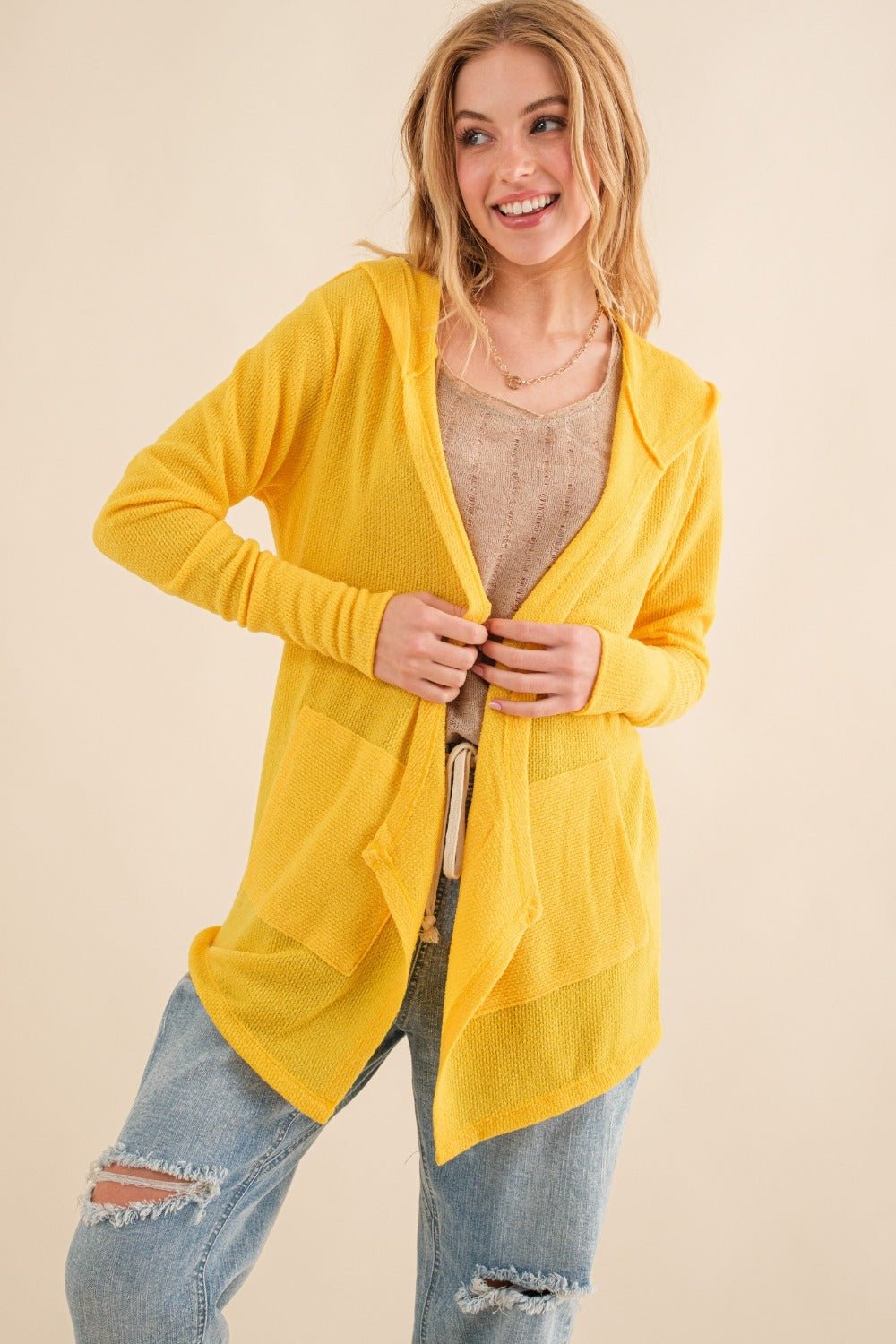 And the Why - Thermal Hooded Open Front Cardigan in Vivid Yellow