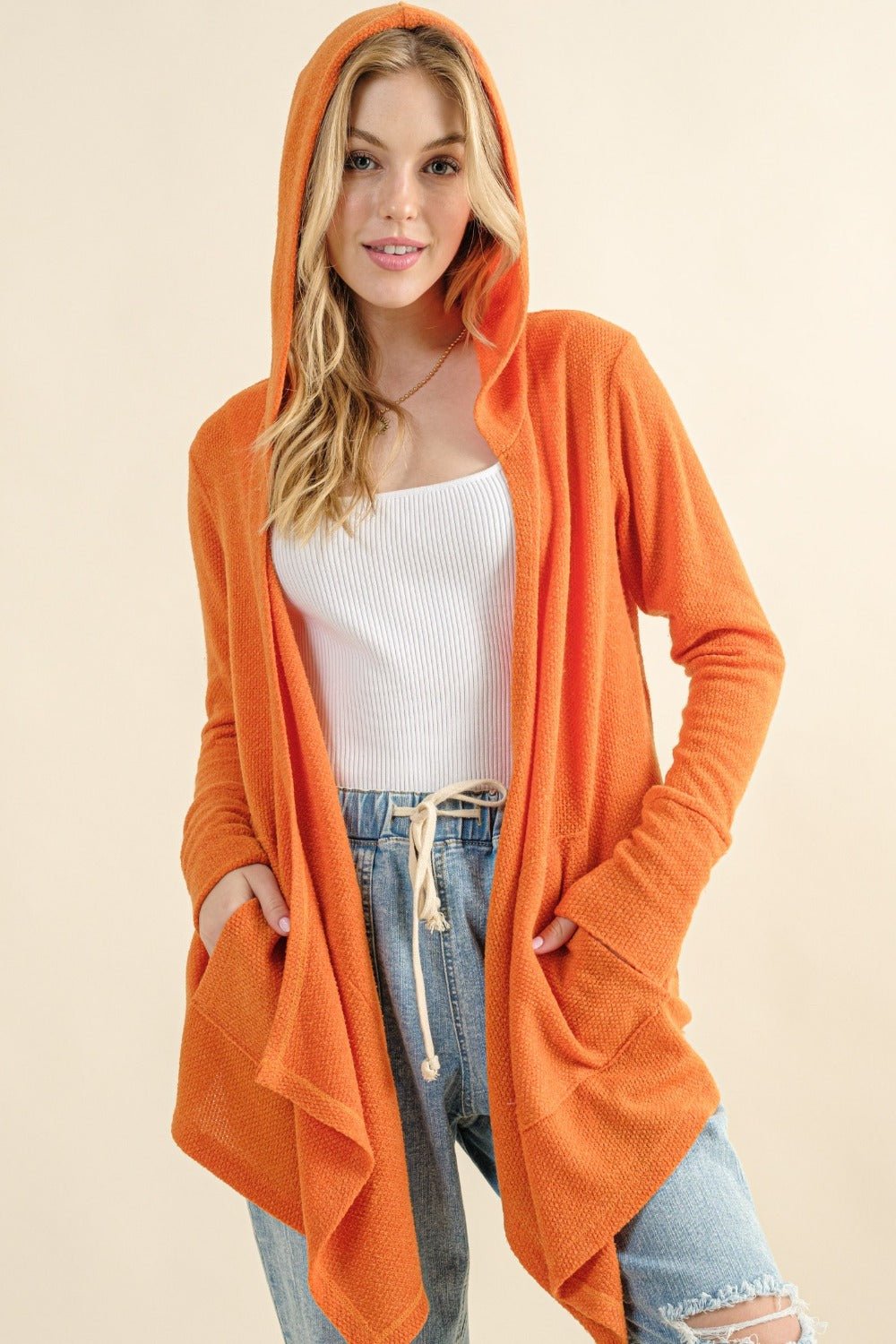 And the Why - Thermal Hooded Open Front Cardigan with Pockets in Dusty Coral