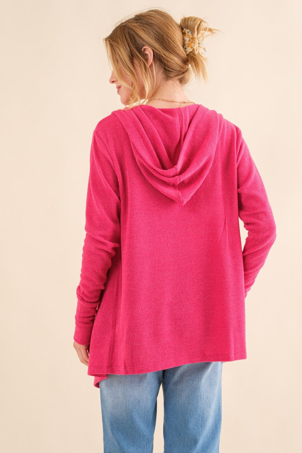 And the Why - Thermal Hooded Open Front Cardigan with Pockets in Fuchsia