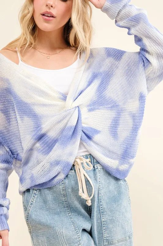 And the Why - Tie Dye Twist Front Sweater in Lavender & White