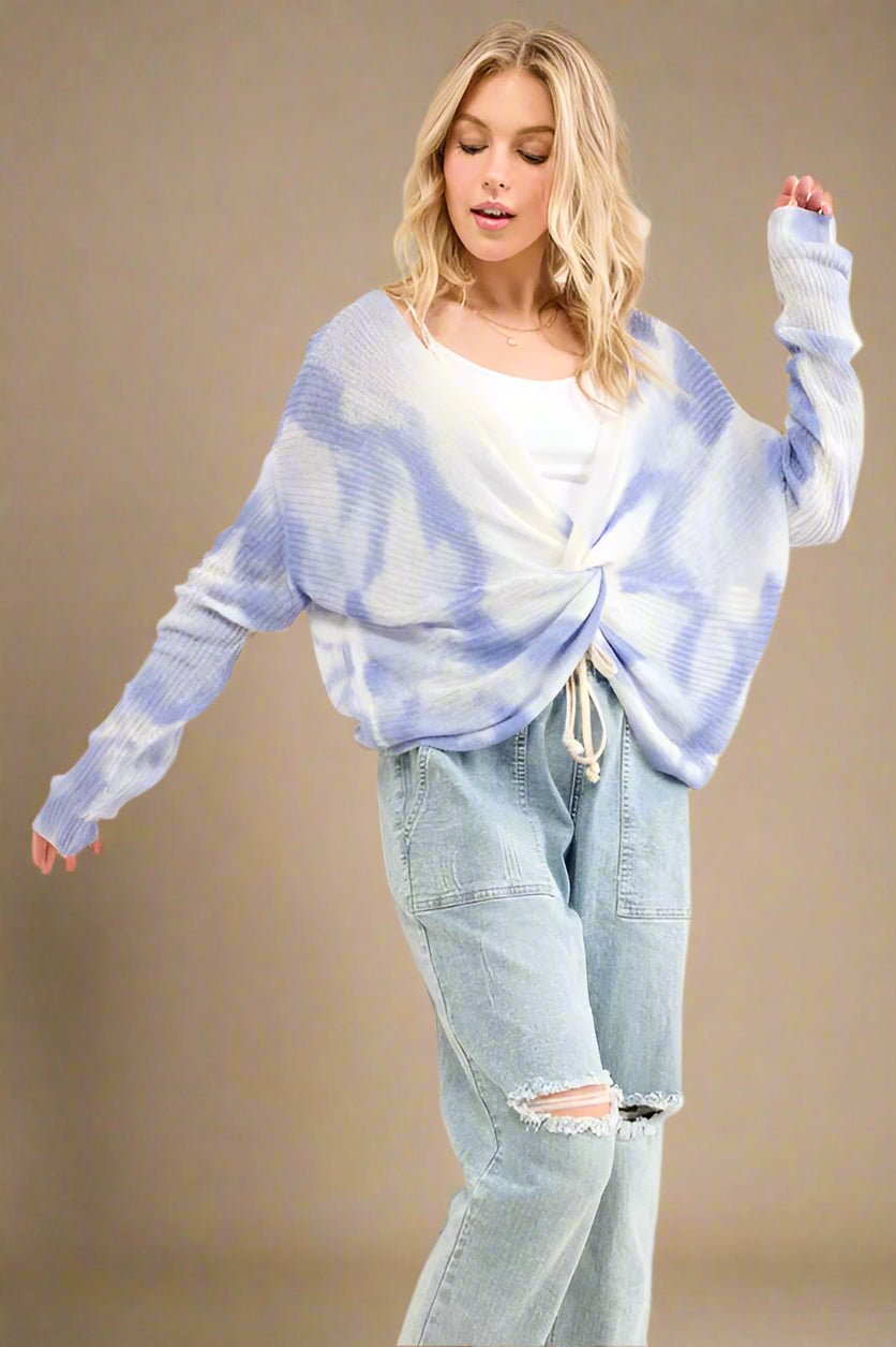 And the Why - Tie Dye Twist Front Sweater in Lavender & White