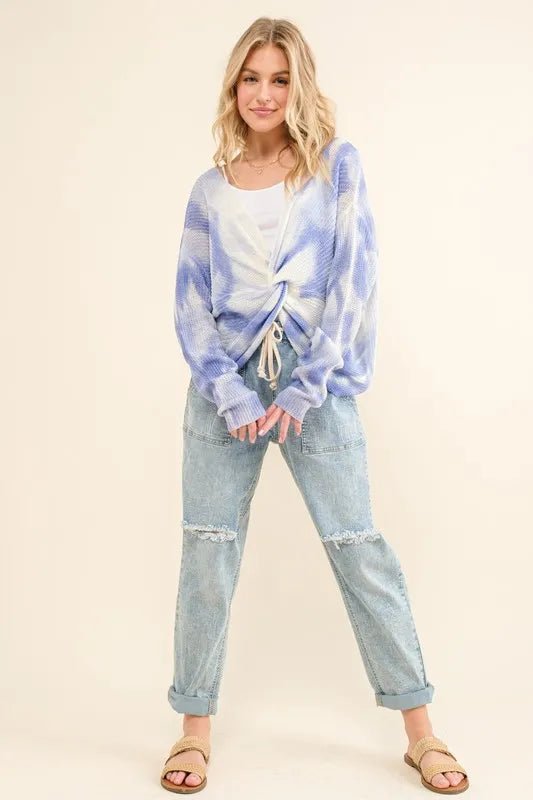 And the Why - Tie Dye Twist Front Sweater in Lavender & White