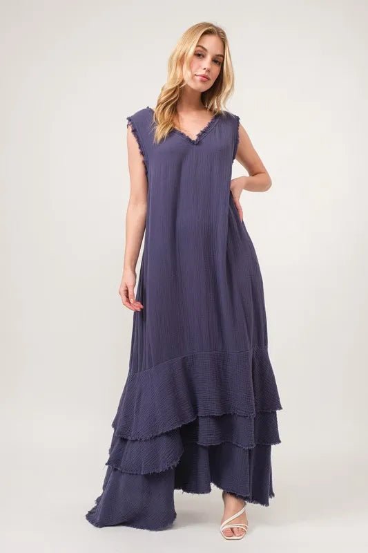 And the Why - Tiered Sleeveless Maxi Dress in Dusty Indigo