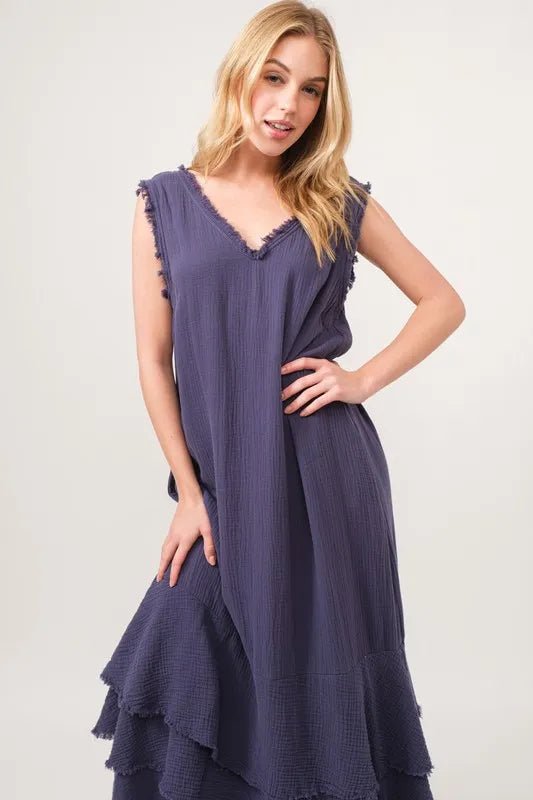 And the Why - Tiered Sleeveless Maxi Dress in Dusty Indigo