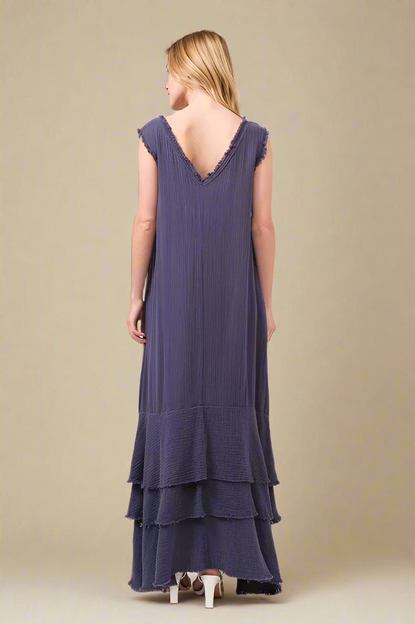 And the Why - Tiered Sleeveless Maxi Dress in Dusty Indigo