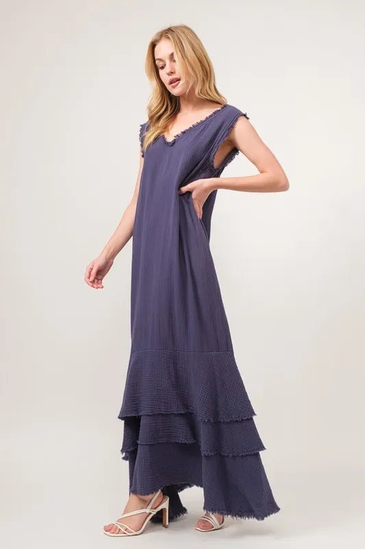 And the Why - Tiered Sleeveless Maxi Dress in Dusty Indigo