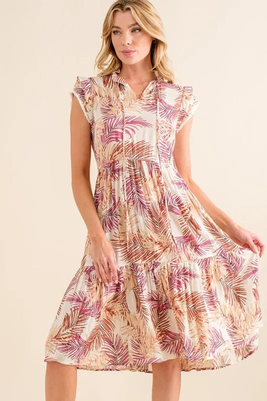 And the Why - Tropical Leaf Print Tiered Midi Dress in Cream Multi