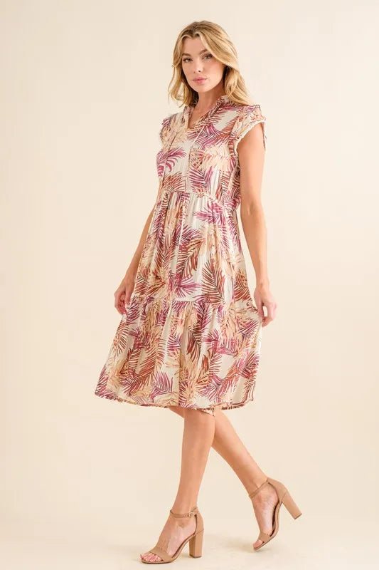 And the Why - Tropical Leaf Print Tiered Midi Dress in Cream Multi
