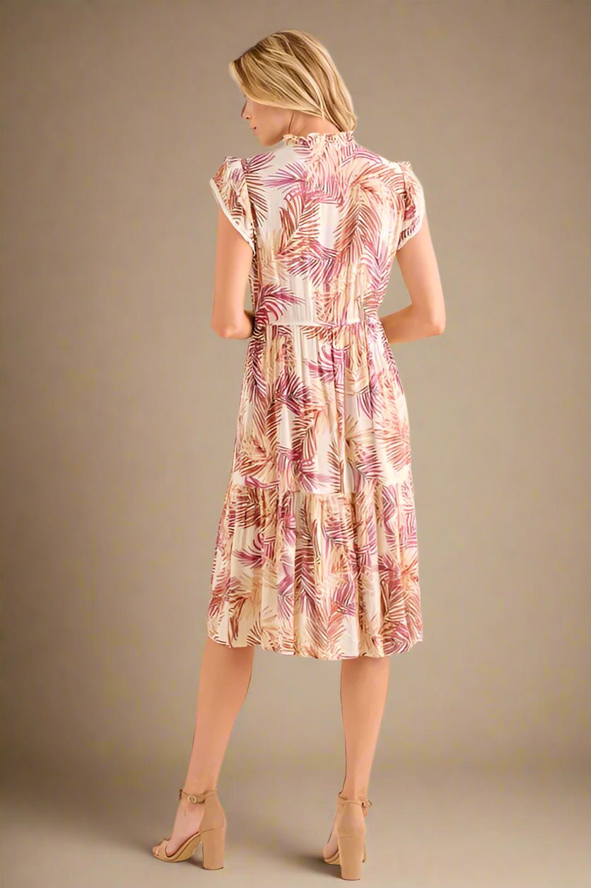 And the Why - Tropical Leaf Print Tiered Midi Dress in Cream Multi