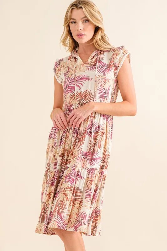 And the Why - Tropical Leaf Print Tiered Midi Dress in Cream Multi