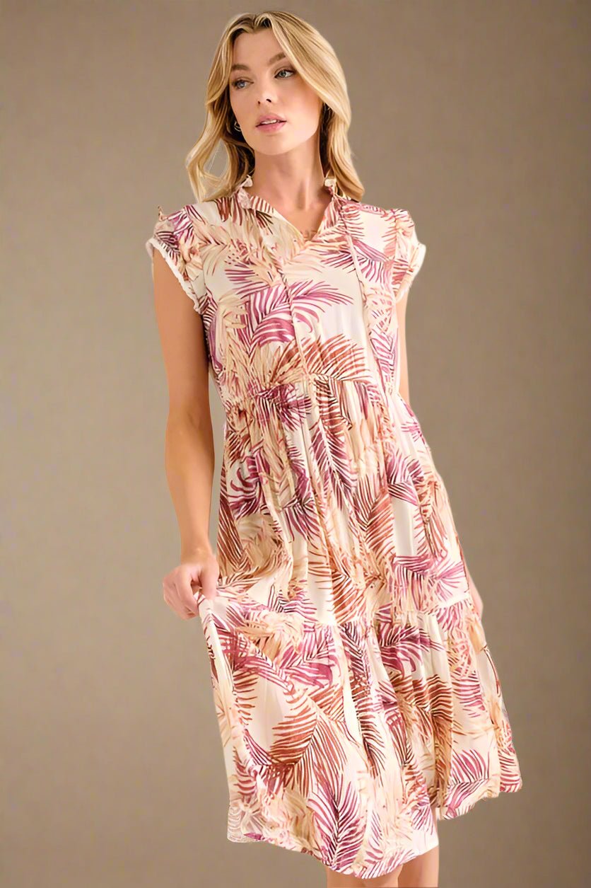 And the Why - Tropical Leaf Print Tiered Midi Dress in Cream Multi