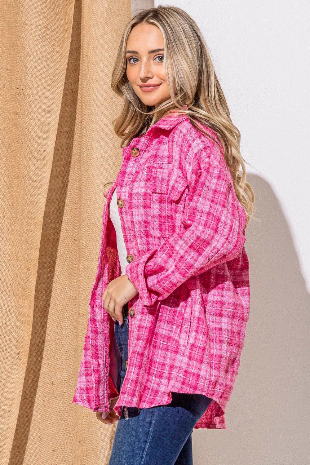 And the Why - Tweed Button Down Long Sleeve Shacket in Fuchsia