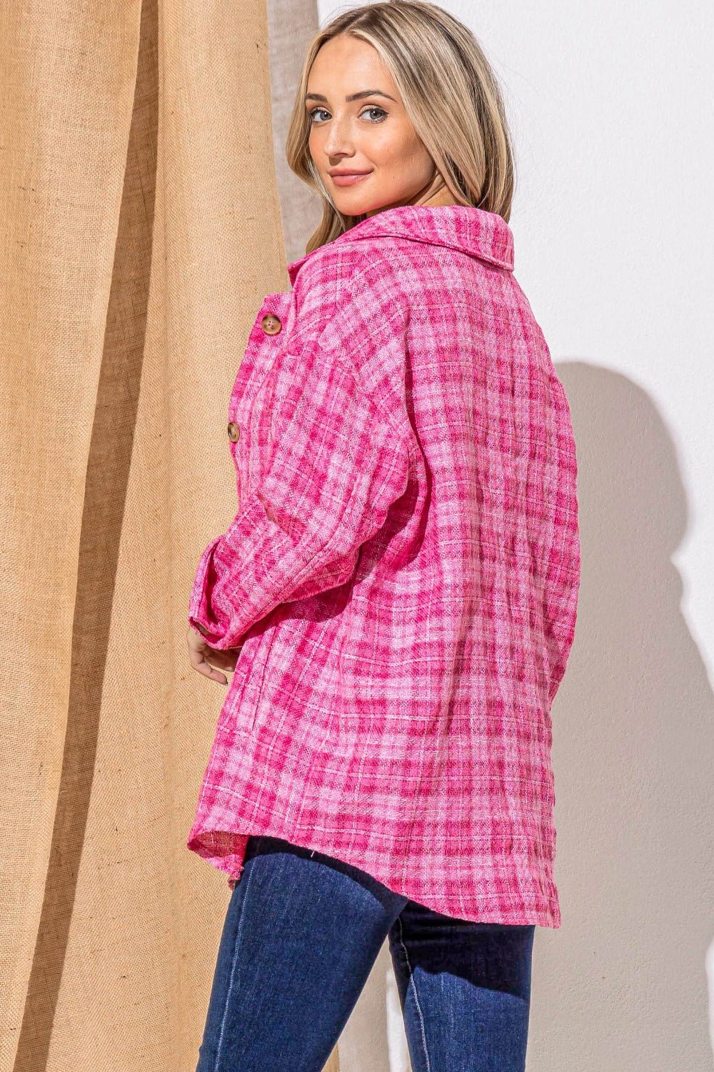 And the Why - Tweed Button Down Long Sleeve Shacket in Fuchsia