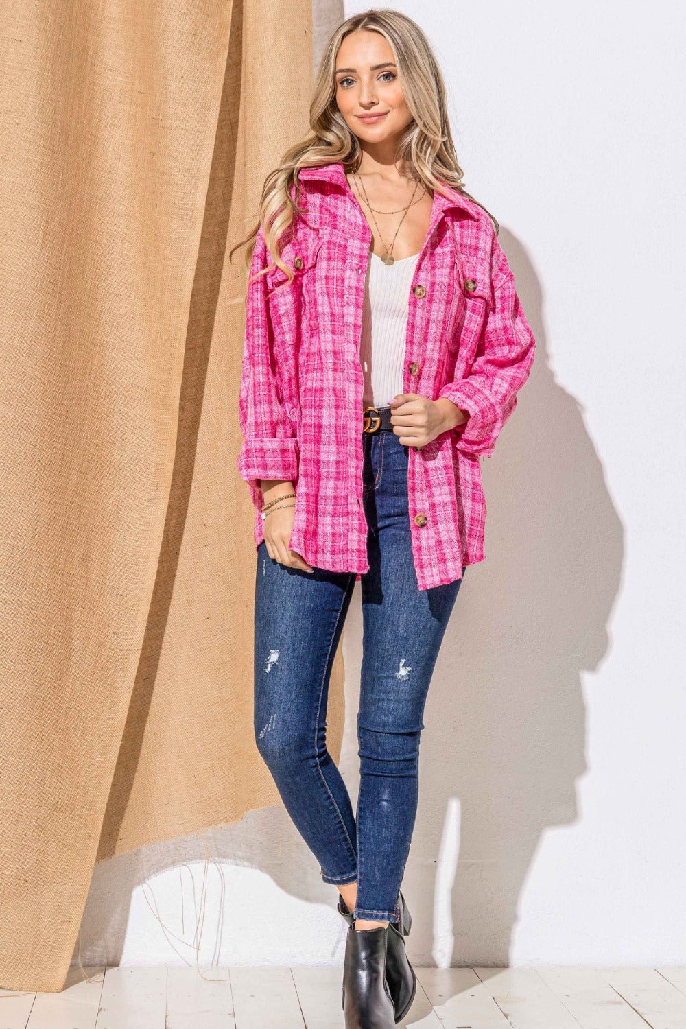 And the Why - Tweed Button Down Long Sleeve Shacket in Fuchsia