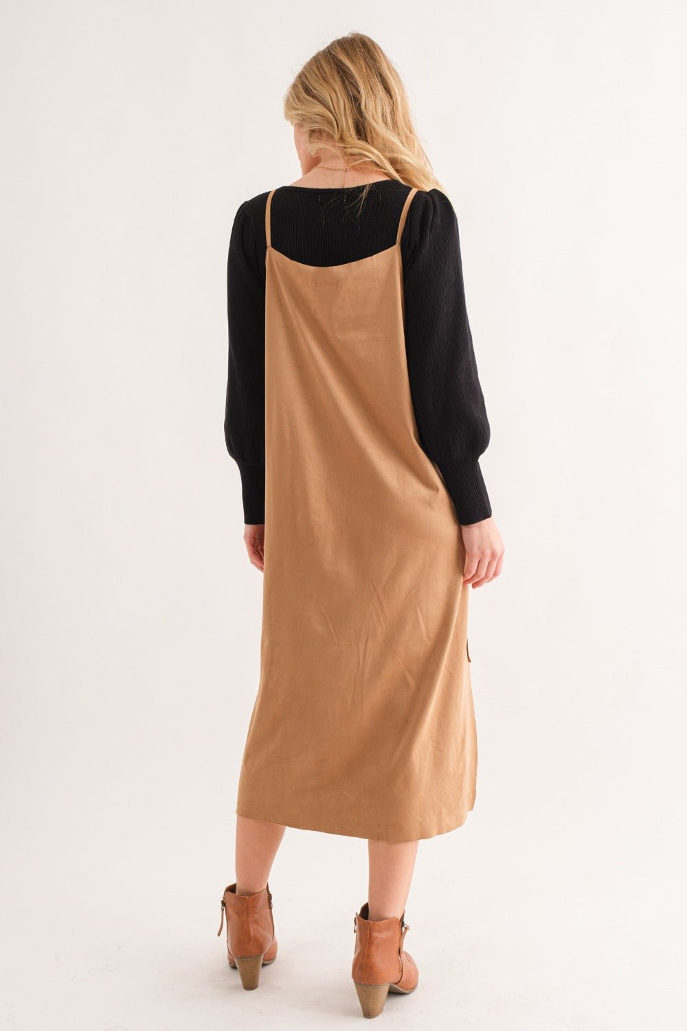 And the Why - Vegan Suede High - Low Hem Midi Cami Dress in Khaki