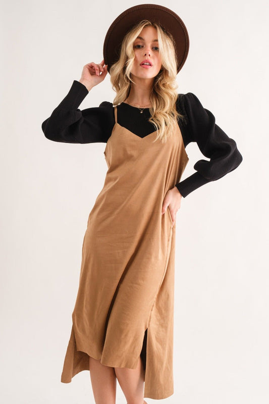 And the Why - Vegan Suede High - Low Hem Midi Cami Dress in Khaki