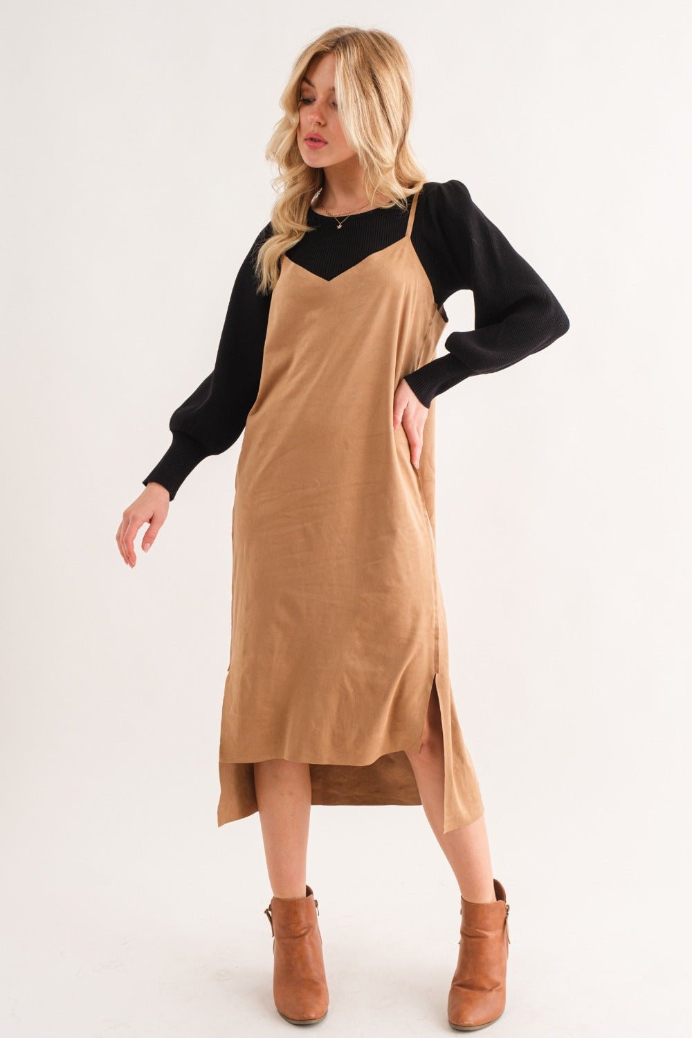 And the Why - Vegan Suede High - Low Hem Midi Cami Dress in Khaki