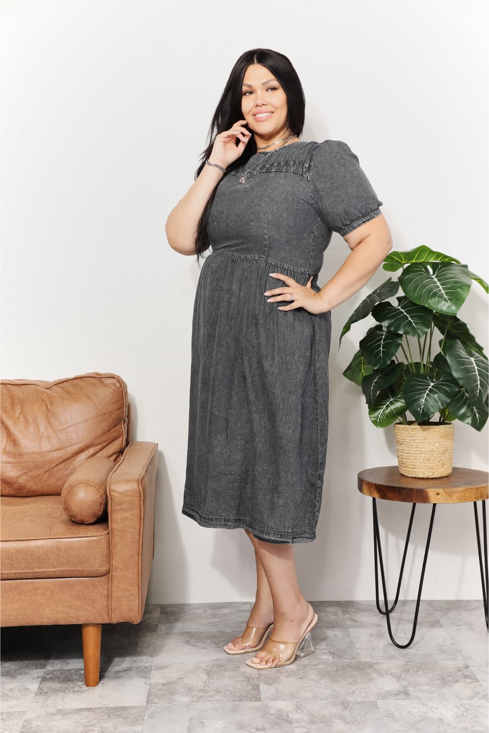 And the Why - Washed Chambray Denim Midi Dress in Dark Gray