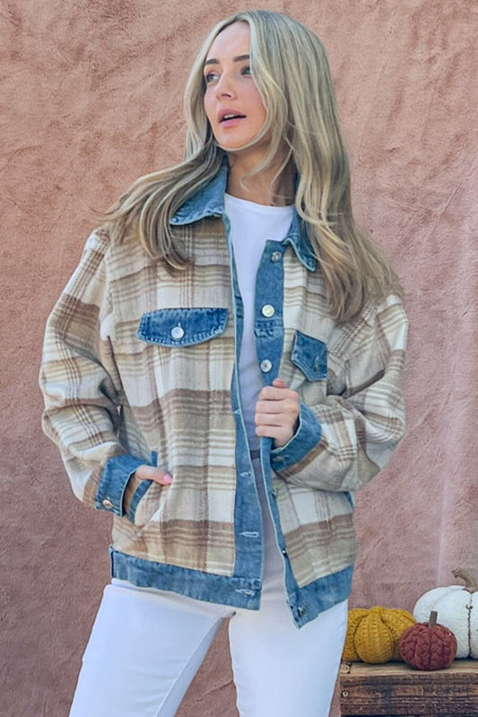 And the Why - Washed Denim Detail Brushed Plaid Jacket