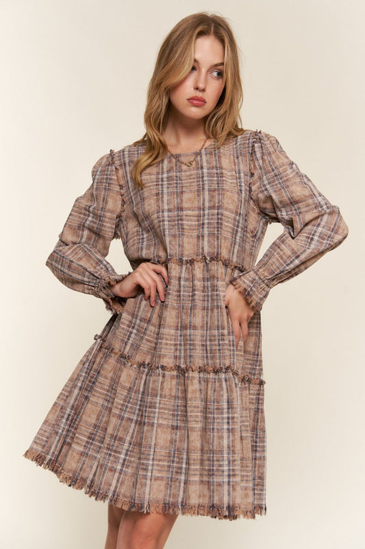 And the Why - Washed Frayed Tiered Plaid Knee - Length Dress in Brown