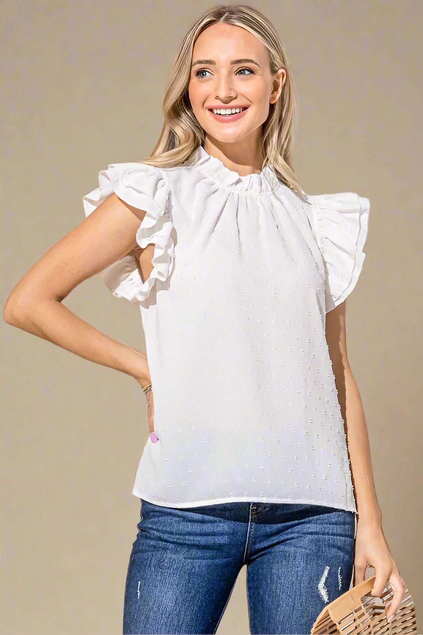 And the Why - White Swiss Dot Ruffle Sleeve Top
