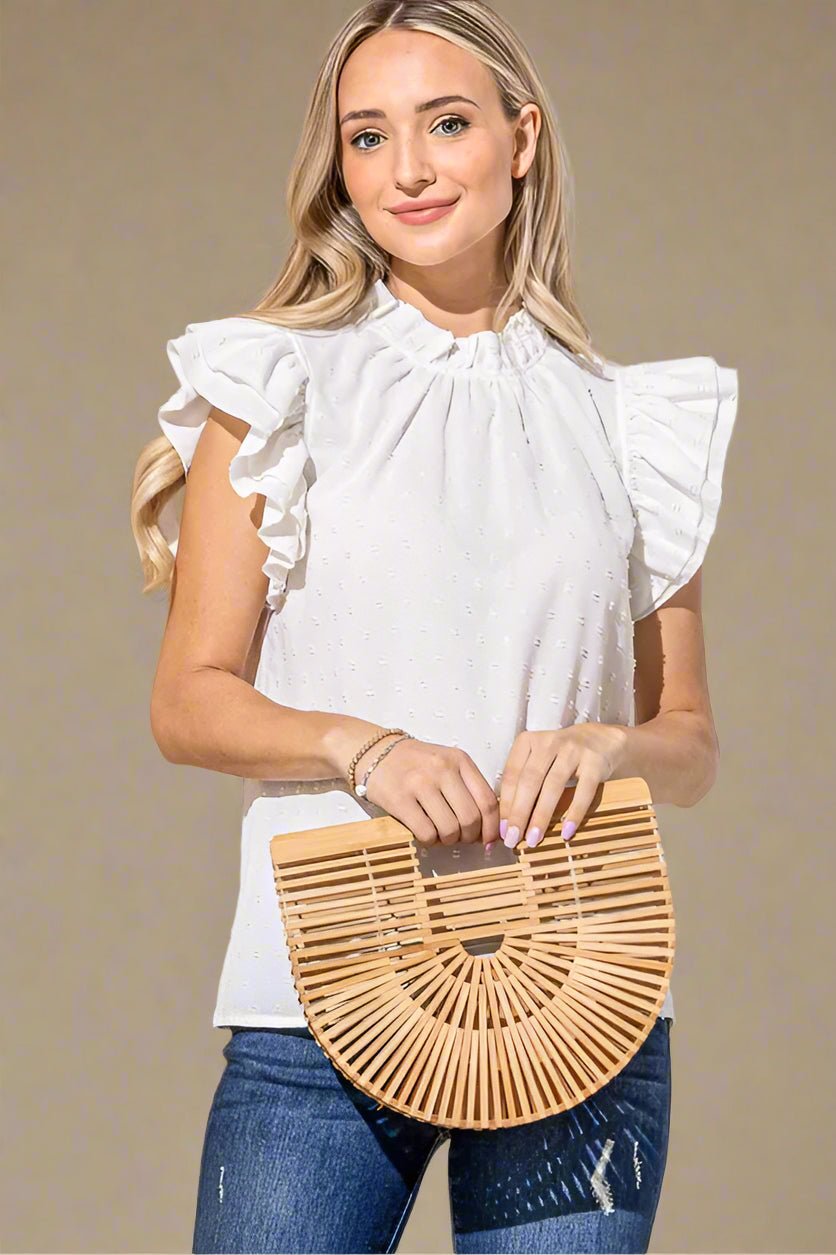 And the Why - White Swiss Dot Ruffle Sleeve Top