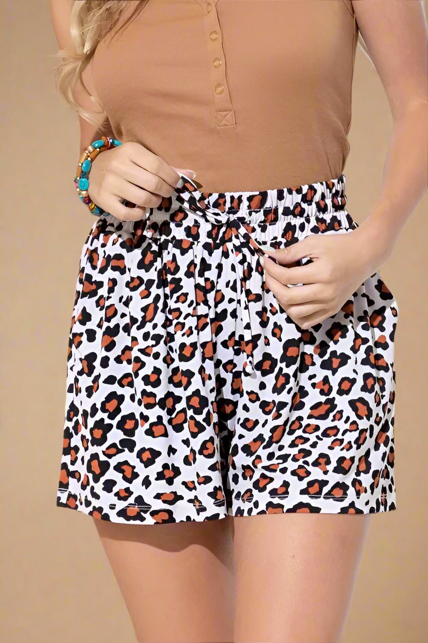 And the Why - Wild Cat Drawstring Shorts – White & Rust Leopard
