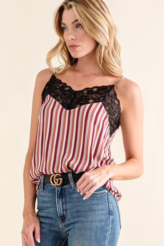 And the Why - Wine and White Striped Cami with Black Lace Trim