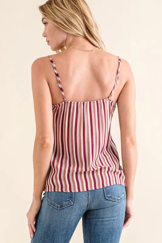 And the Why - Wine and White Striped Cami with Black Lace Trim