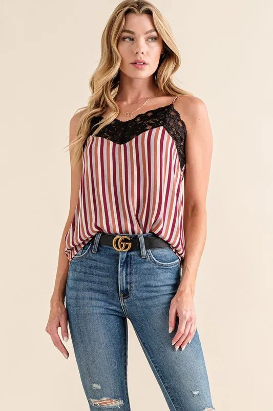 And the Why - Wine and White Striped Cami with Black Lace Trim
