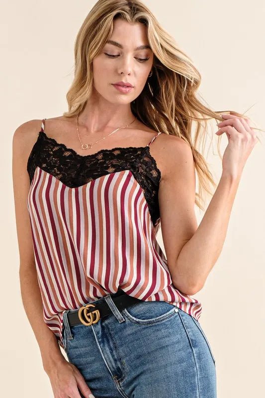 And the Why - Wine and White Striped Cami with Black Lace Trim