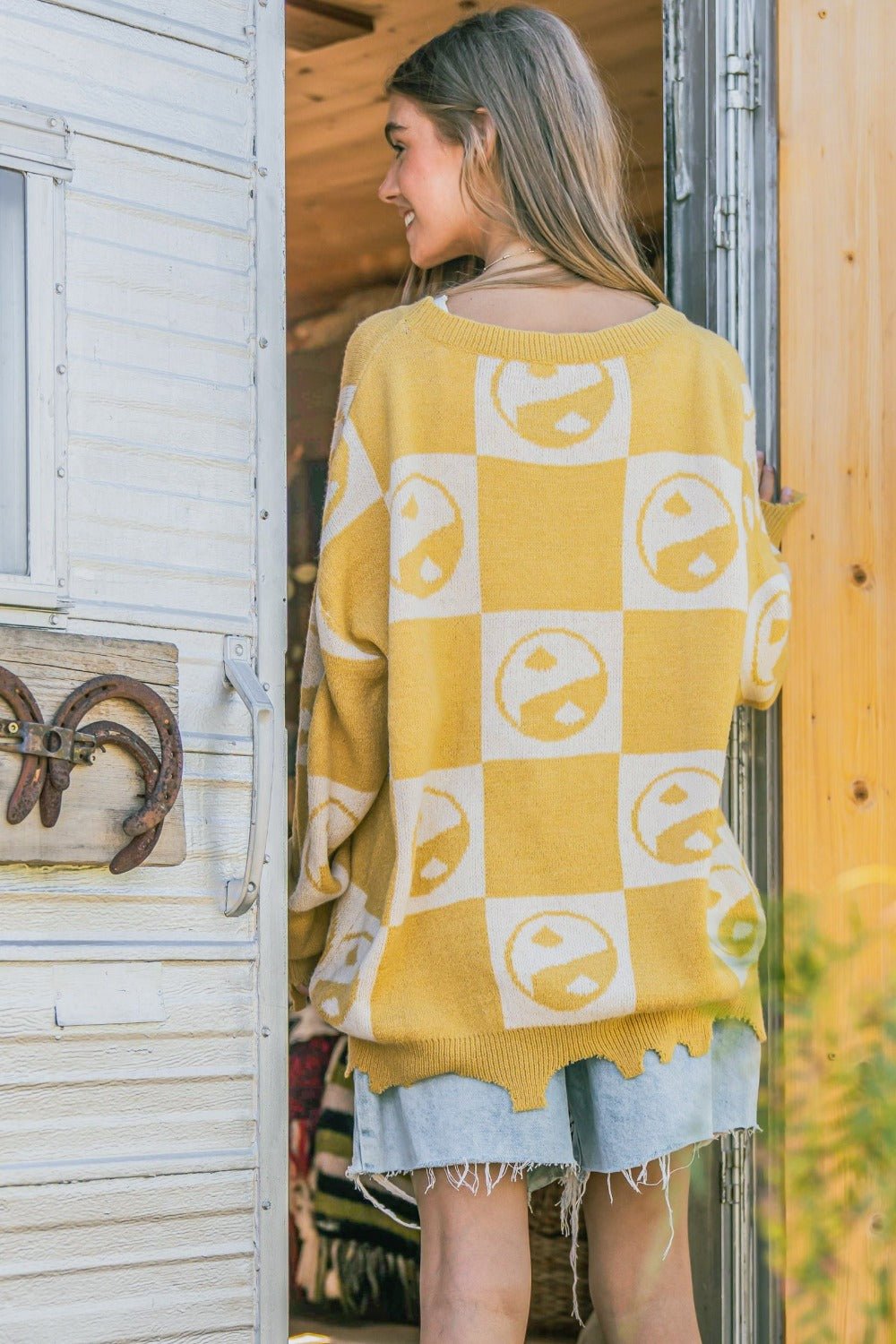 And the Why - Yin Yang Checkerboard Pattern Sweater in Mustard