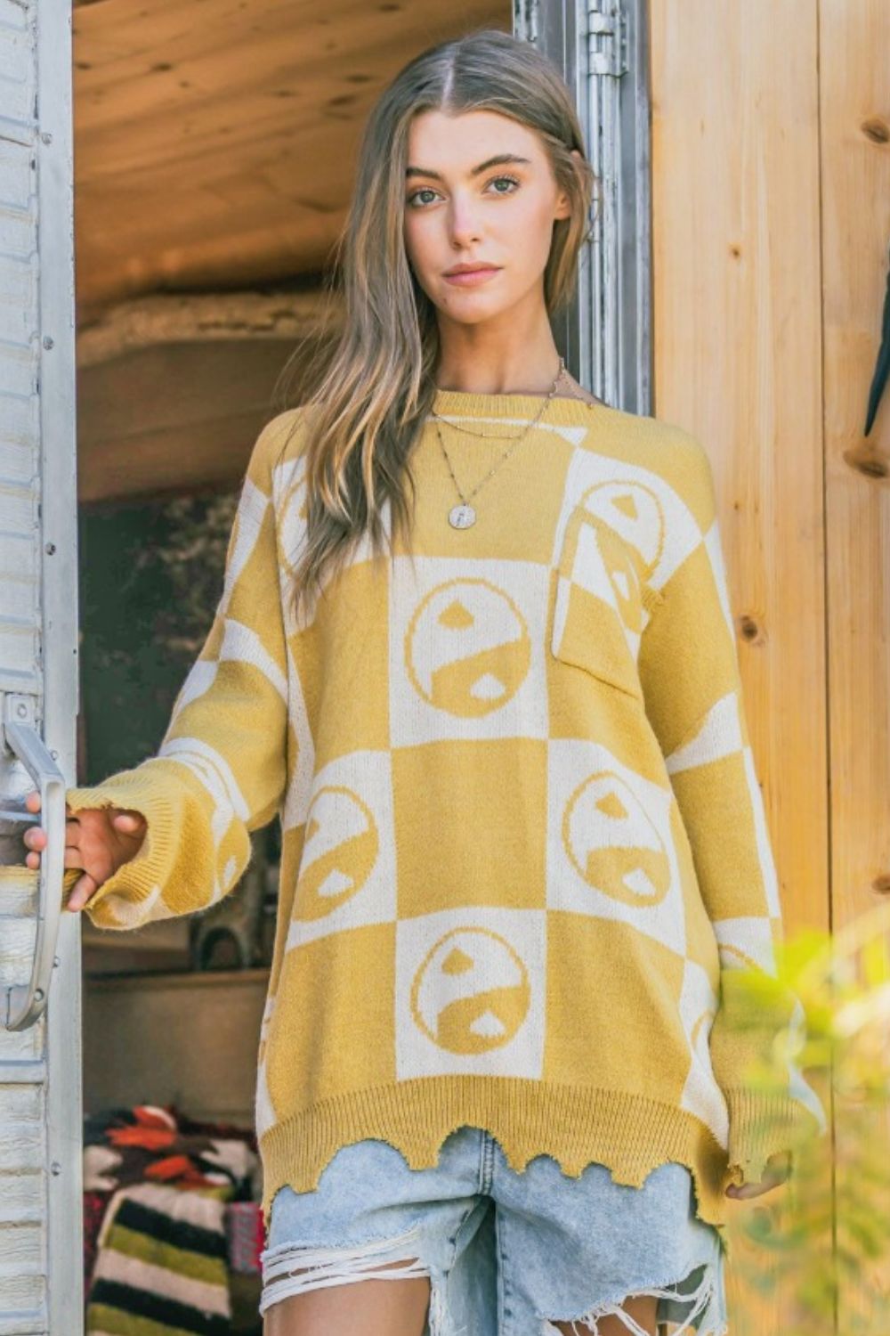 And the Why - Yin Yang Checkerboard Pattern Sweater in Mustard