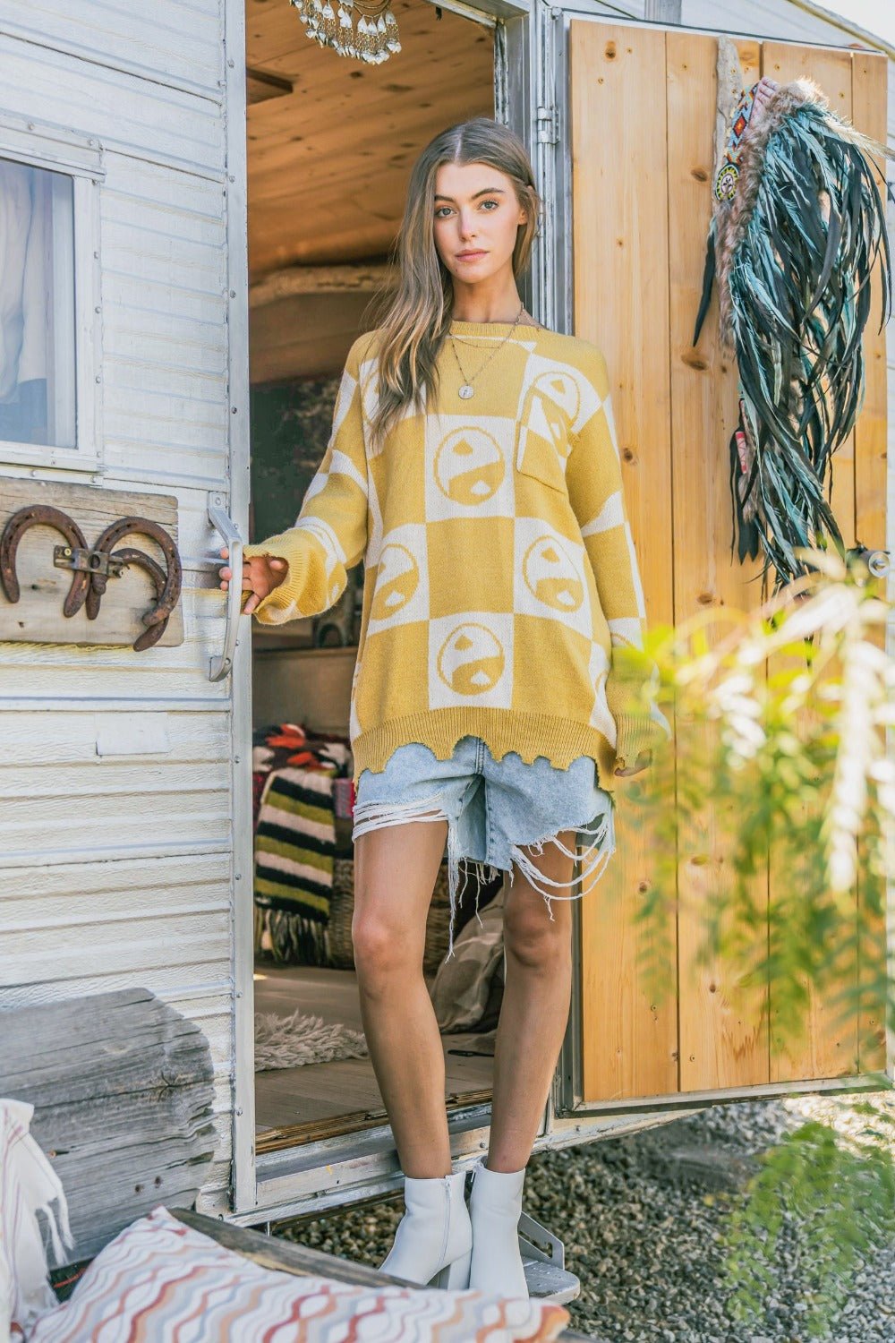 And the Why - Yin Yang Checkerboard Pattern Sweater in Mustard