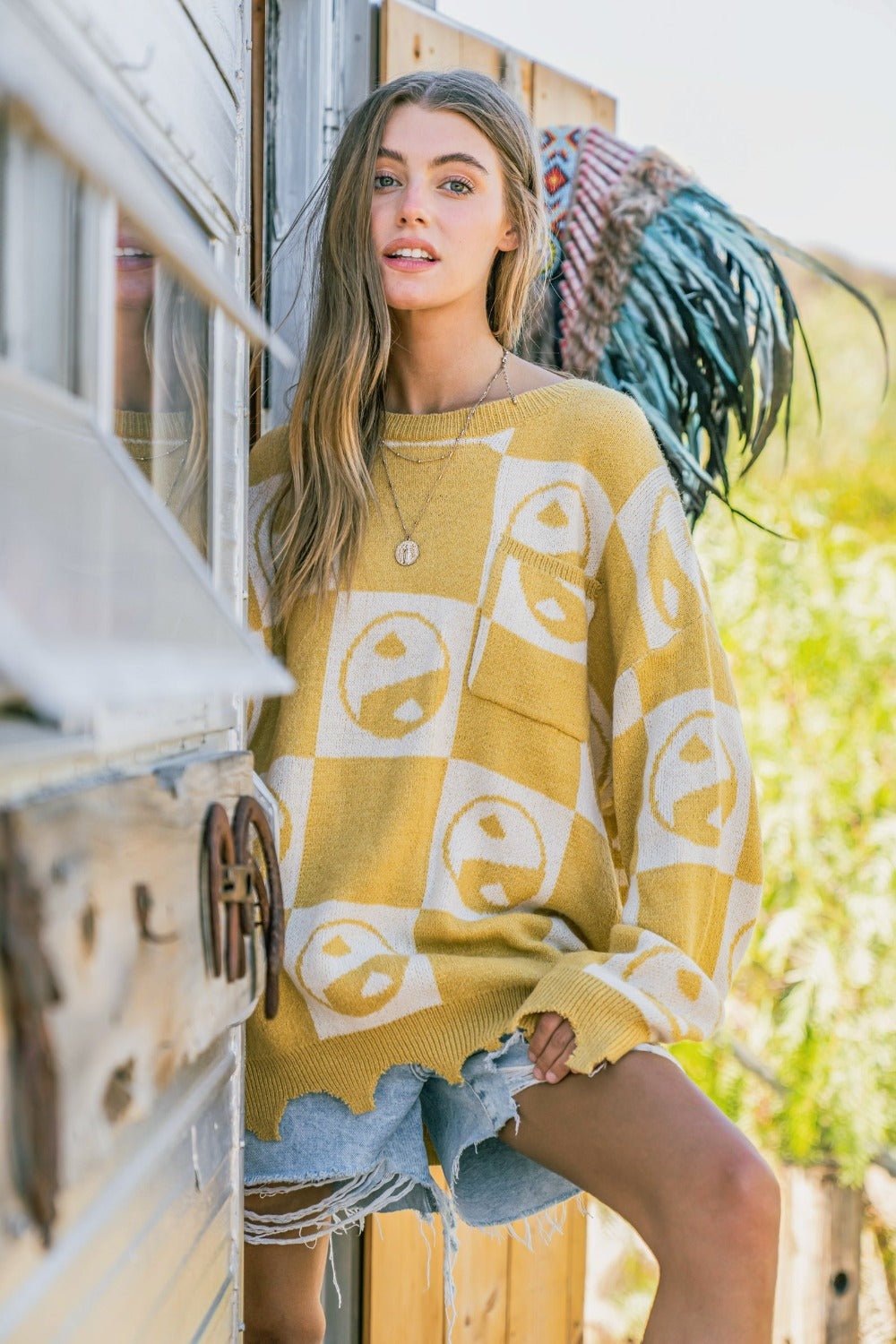 And the Why - Yin Yang Checkerboard Pattern Sweater in Mustard