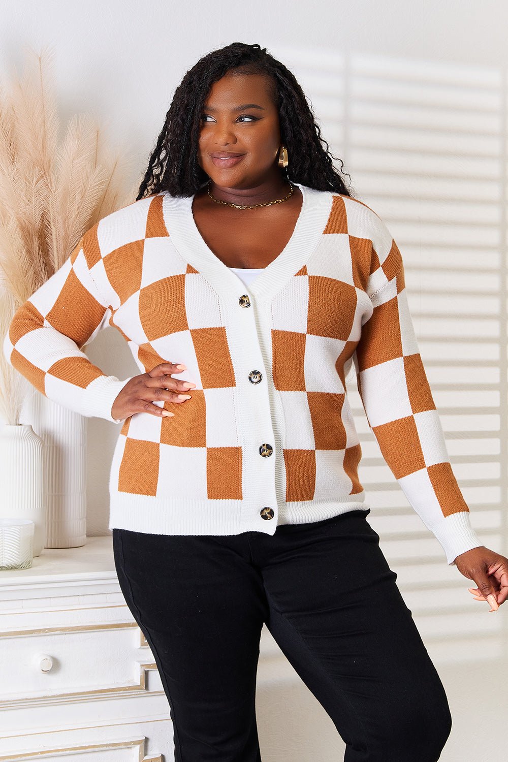 ANGEL WINGS - Checkered Button - Up V - Neck Dropped Shoulder Cardigan in Camel