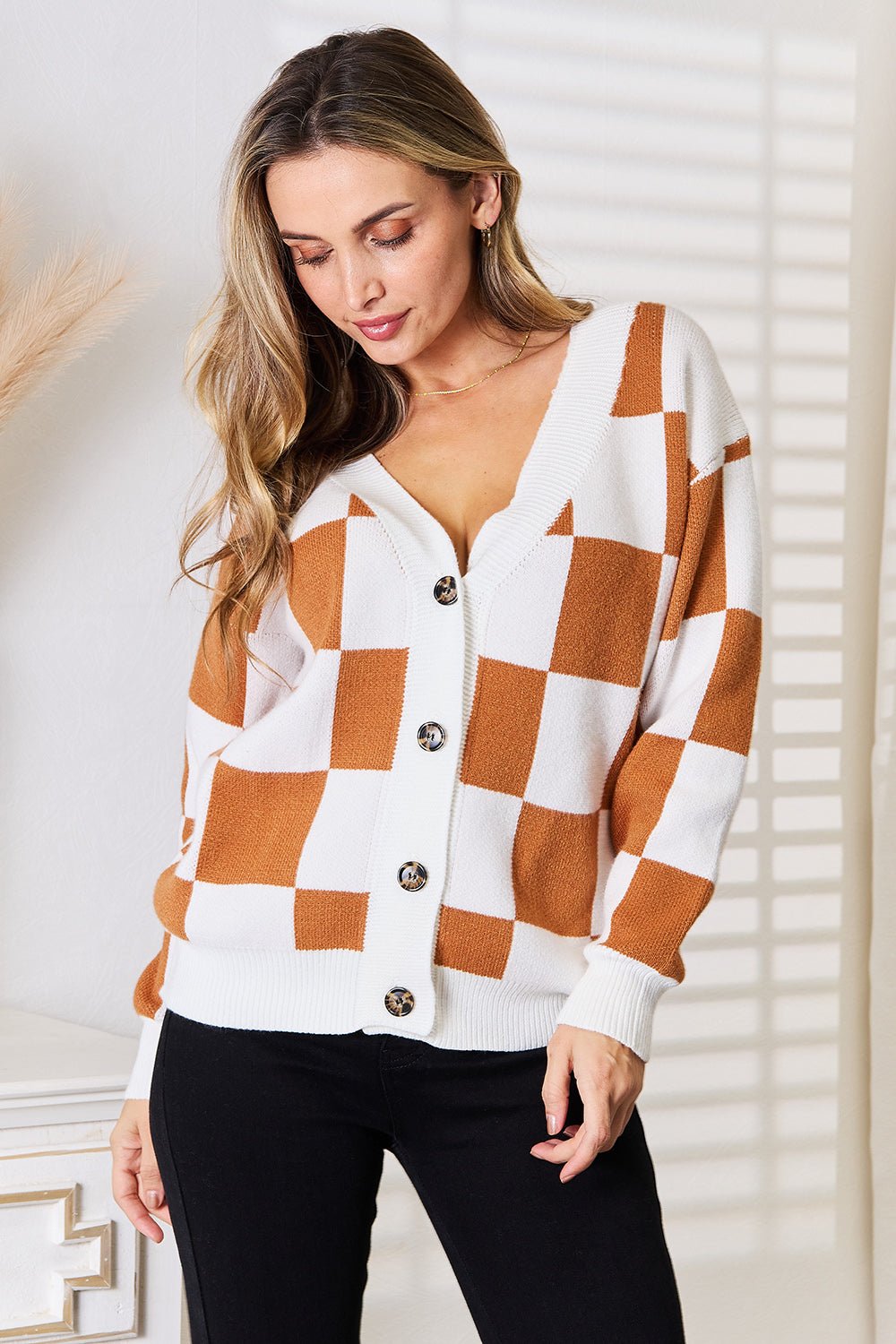 ANGEL WINGS - Checkered Button - Up V - Neck Dropped Shoulder Cardigan in Camel