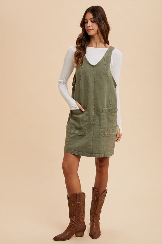 ANNIE WEAR - Army Green Denim Overall Mini Dress with Pockets