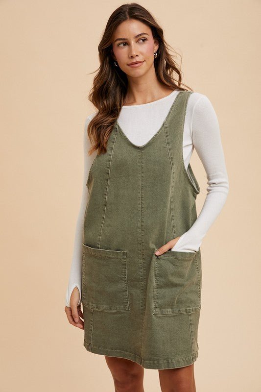 ANNIE WEAR - Army Green Denim Overall Mini Dress with Pockets