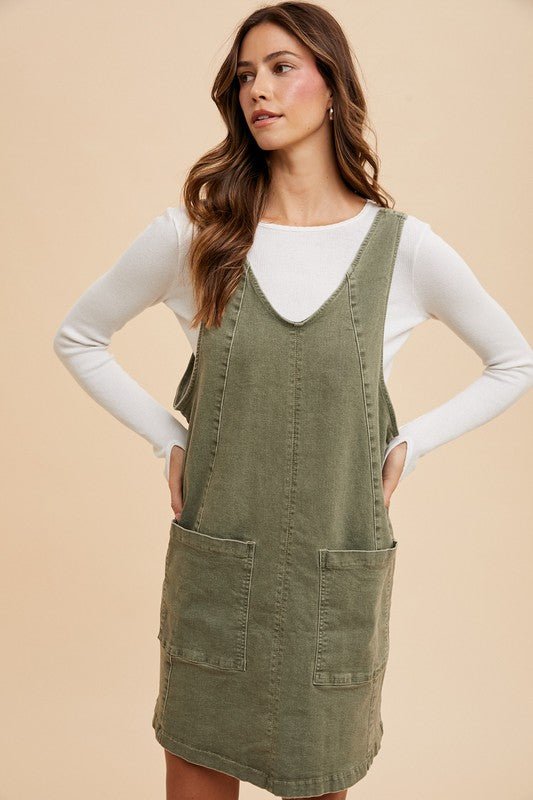 ANNIE WEAR - Army Green Denim Overall Mini Dress with Pockets