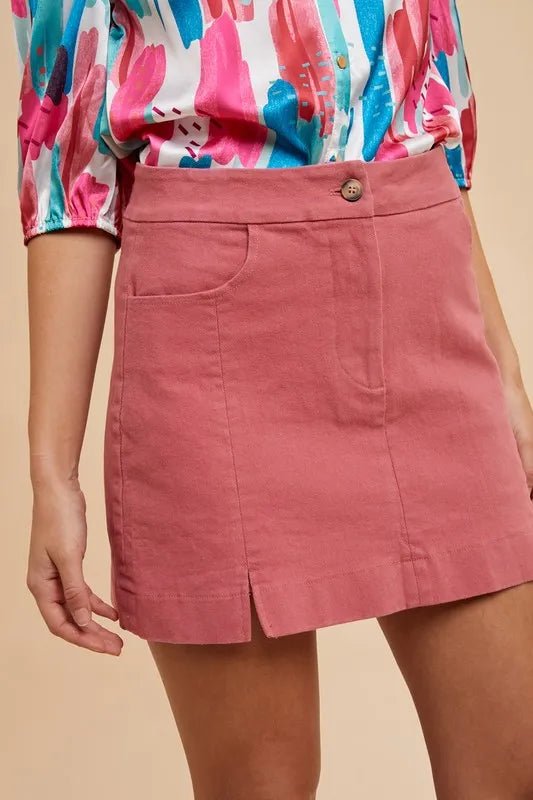 ANNIE WEAR - Berry Pink Denim Mini Skirt with Front Slit Hem