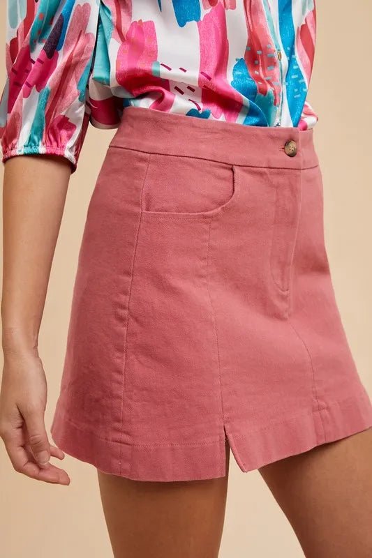 ANNIE WEAR - Berry Pink Denim Mini Skirt with Front Slit Hem