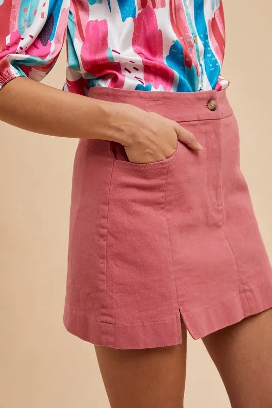 ANNIE WEAR - Berry Pink Denim Mini Skirt with Front Slit Hem